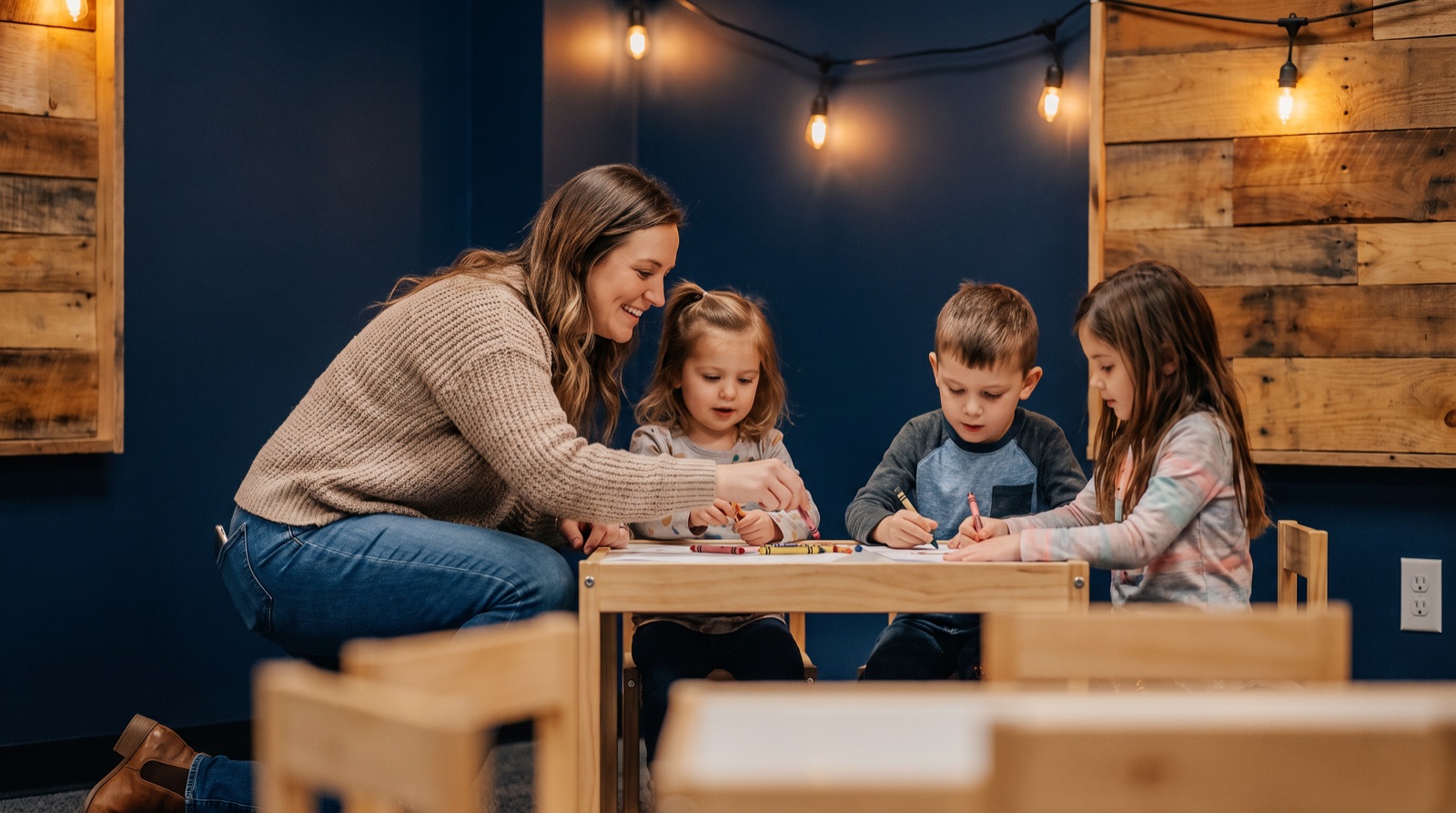A volunteer helping young children with a coloring craft